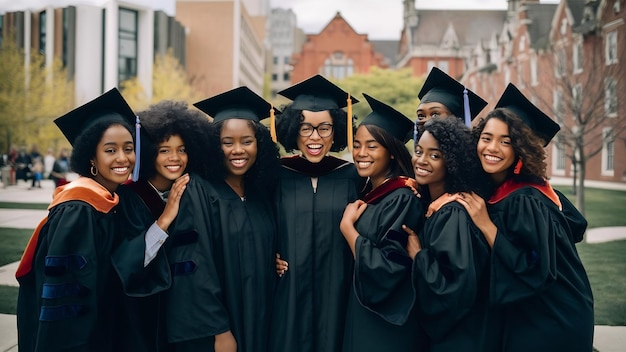 Группа молодых афроамериканских студенток, одетых в черное выпускное платье.