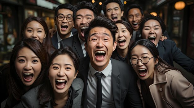 A group of young asian Employees celebrates success and cheering as they hit their goals