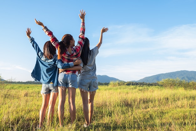 Group of young Asian women having fun and happy on summer holiday vacation.