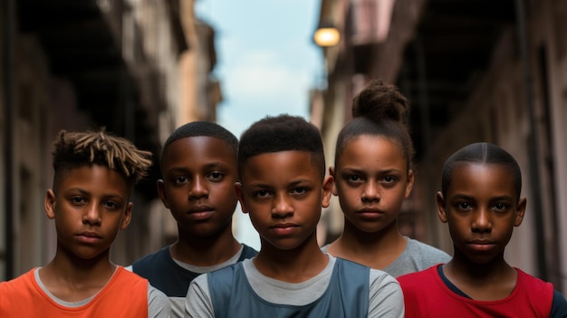 A group of young black boys standing in an alley