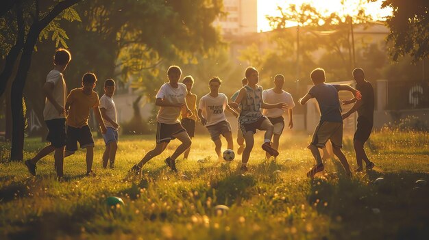 Foto un gruppo di giovani ragazzi sta giocando a calcio in un campo il sole sta tramontando e il cielo è un caldo arancione i ragazzi stanno tutti correndo e calciando la palla