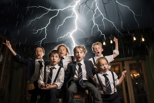 A group of young boys standing next to each other in front of a lightning