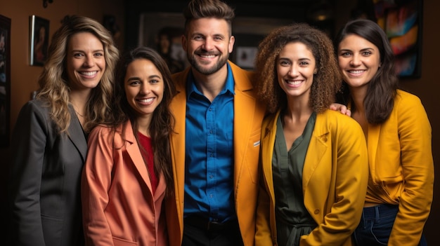 Group of young business people standing in a row and smiling at the camera