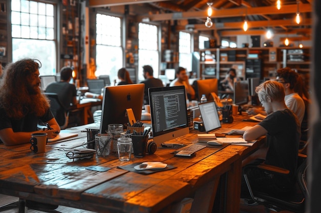 Photo group of young business people working in a modern office selective focus