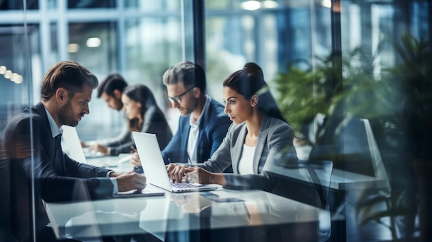 Group of young business people working together at computer in glass office