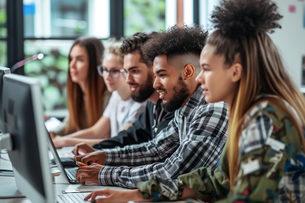 Photo group of young business people working together on computer at modern startup office with ai generat