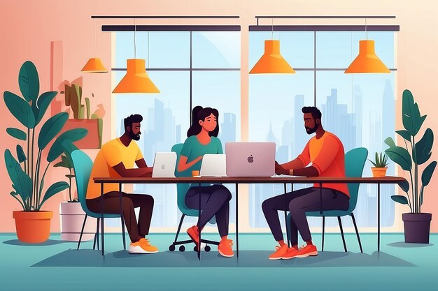 Photo group of young business people working together sit at office desk coworking mix race creative workers team brainstorming meeting flat vector illustration