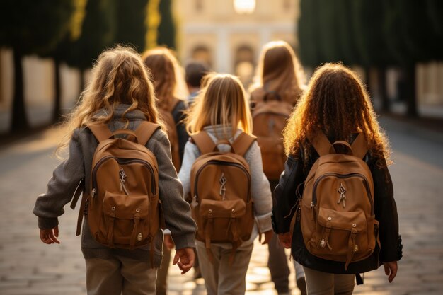 Photo a group of young children back to school with their backpacks