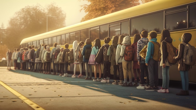 A group of young children getting on the schoolbus