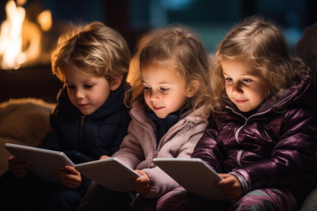 Group of young children holding tablet and hiding faces gen Alpha Generative AI