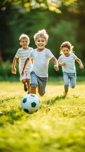 Photo a group of young children running after a soccer ball