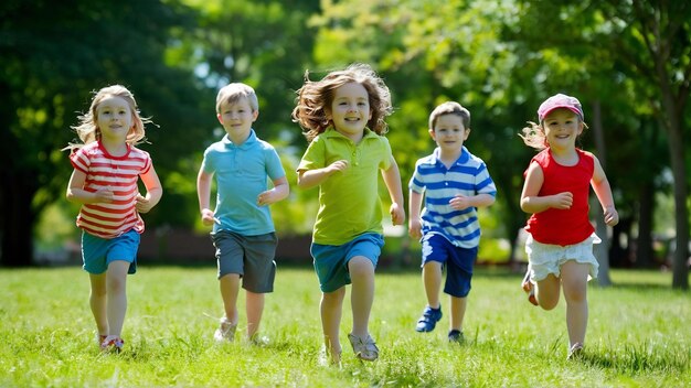 어린 아이 들 의 그룹 이 공원 에서 달리고 놀고 있다