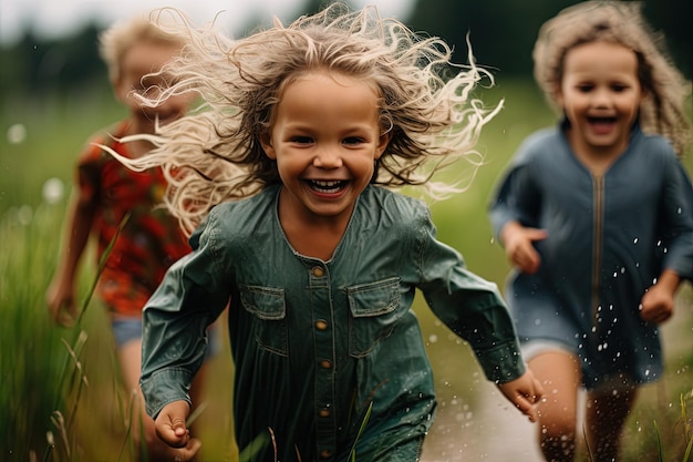 畑を走る幼い子供たちのグループ