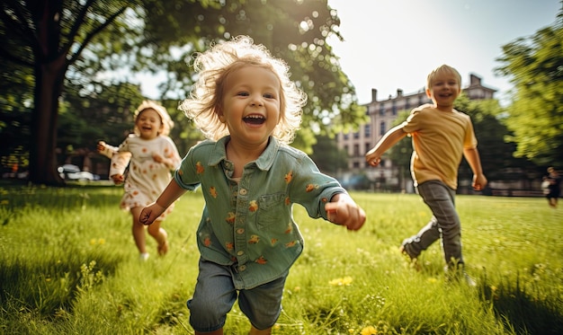 Group of Young Children Running Through a Field