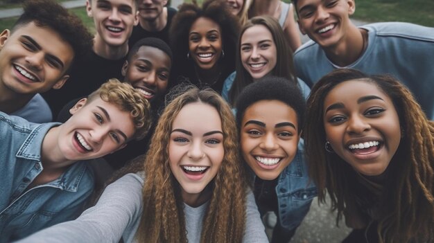 Photo group of young diverse friends taking selfie