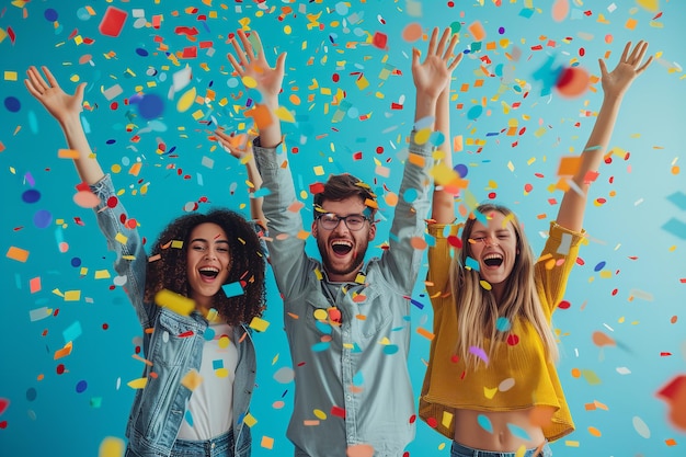 A group of young employees celebrating their success with a empty space and confetti Generative AI