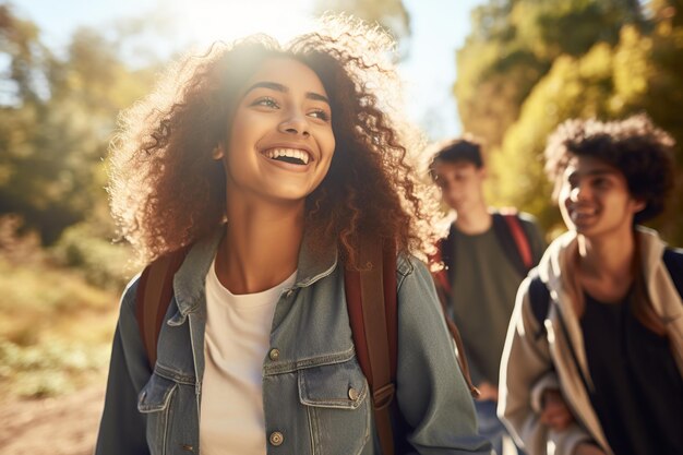 Group of young friends are walking together in the park