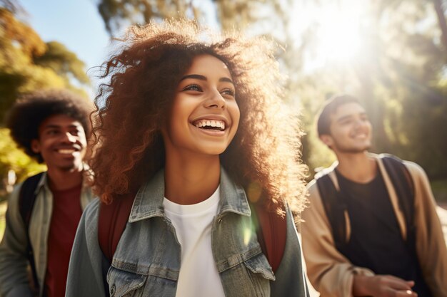 Group of young friends are walking together in the park