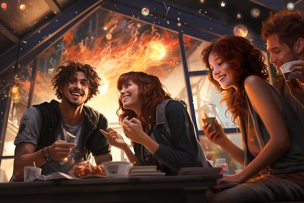 젊은 친구 들 의 집단 이 배경 에 불 이 있는 카페 에서 재미 를 즐기고 있다