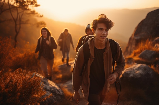 A group of young friends hiking scenic trail with a beautiful natural landscape in the background