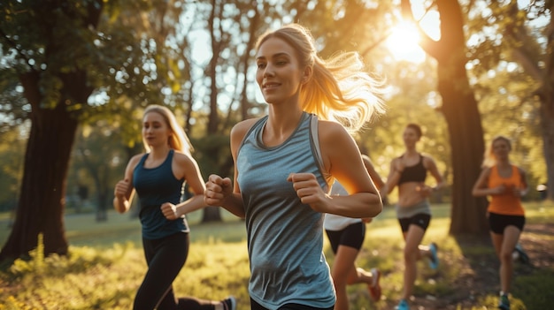 group of young friends jogging in the park