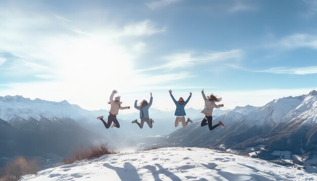 A group of young friends jump together against the backdrop of the forest