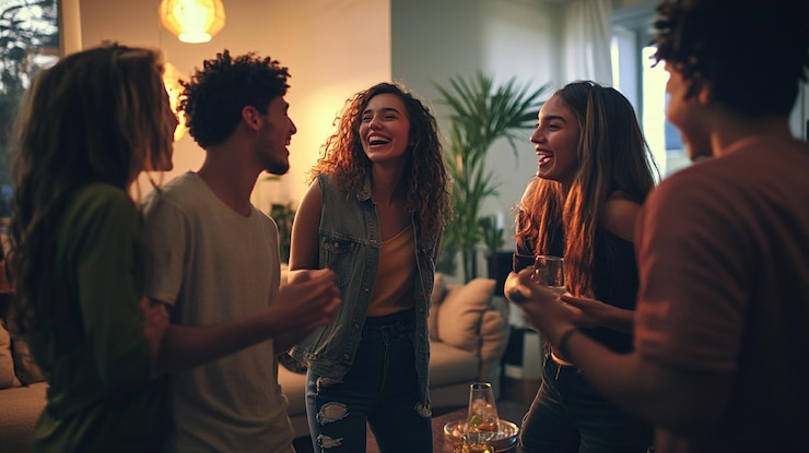 Photo a group of young friends standing together in a living room setting capturing joyful moments and memories