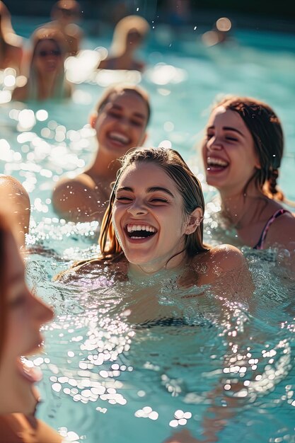 Group of young friends swimming in a resort pool during summer vacations