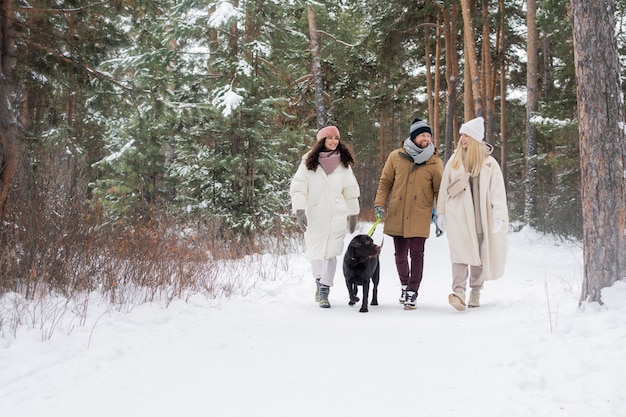 Group of young friends in winterwear having talk while walking with black retriever on the road in snowbound forest