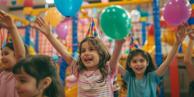 Группа молодых девушек держит в руках воздушные шары на вечеринке по случаю дня рождения.