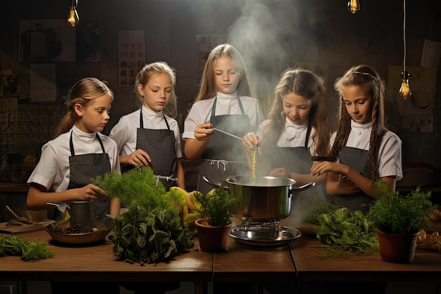 A group of young girls cooking in a kitchen