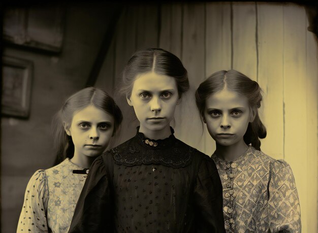 Group of young girls looking at the camera in the old house