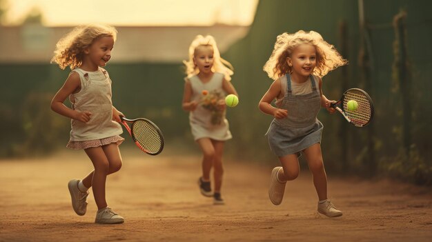 Photo a group of young girls playing tennis on a court.