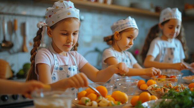 Группа молодых девушек готовит еду на детском дне в кухне