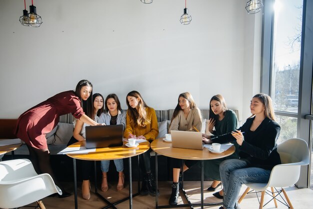 A group of young girls sit in an office at computers and discuss projects. Communication and training online.