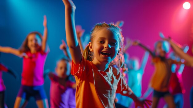 Foto gruppo di ragazze in piedi in cima a un palco giorno dei bambini