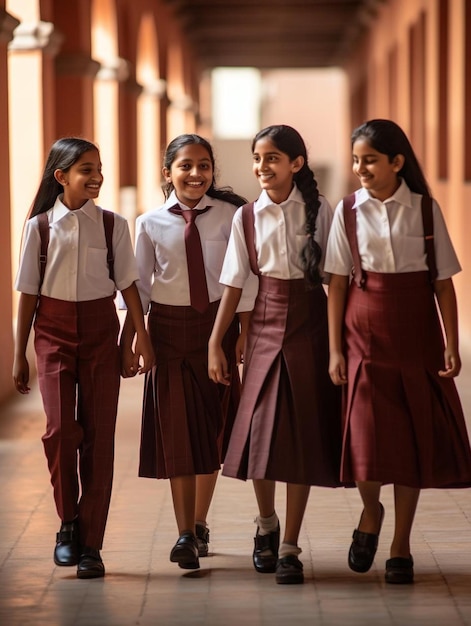 Photo a group of young girls walking in a school hallway.