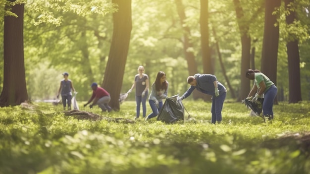 사진 한 그룹 의 젊은 손 들 이 공원 에서 청소 하기 위해 쓰레기 플라스틱 을 모으고 있다