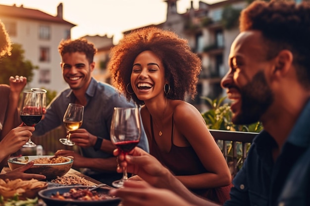 Group of young happy people toast with wine at lunch in restaurant during a sunny summer day Generative AI