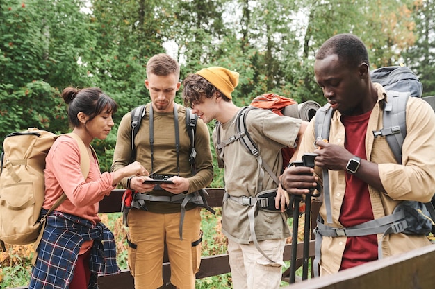 Group of young hikers with backacks using gps on phone while\
discussing route on forest bridge