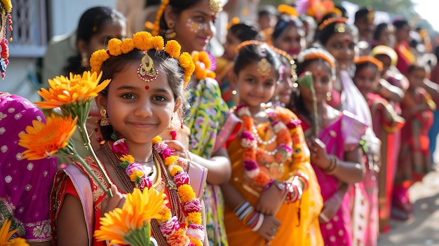 A group of young Indian girls in traditional dress celebrate a festival