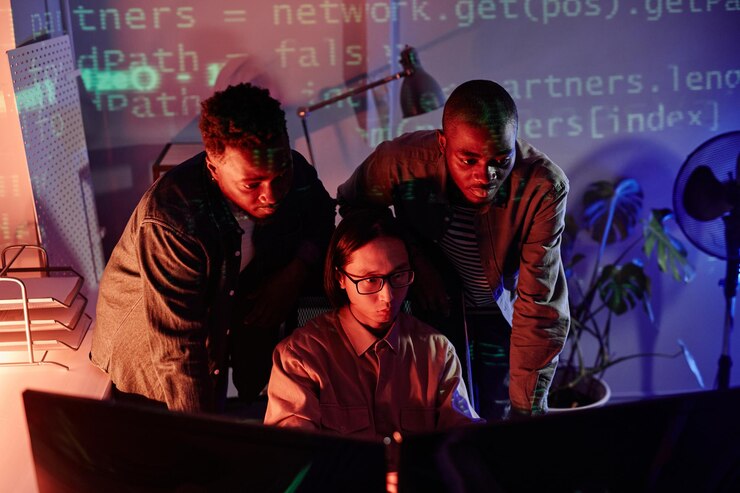 Photo group of young intercultural programmers bending in front of computer monitors