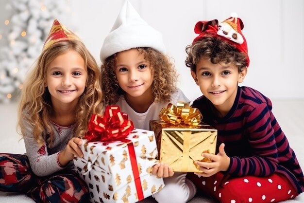 group young kids holding christmas presents happy smiling to camera