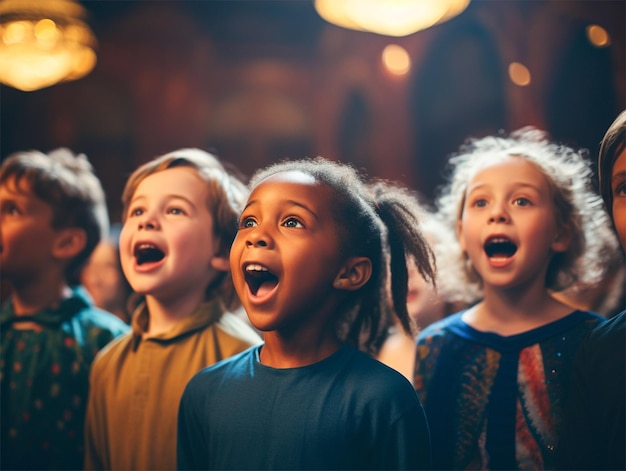 Foto un gruppo di bambini che cantano in un coro scena notturna