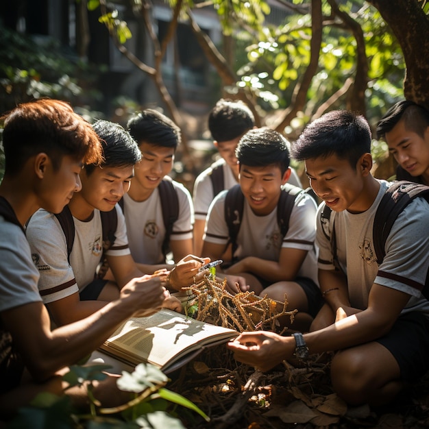 A group of young men are sitting under a tree reading a book.