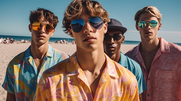 太陽眼鏡をかけた若い男性のグループがビーチに立っています
