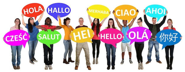 Photo group of young multi ethnic people holding speech bubbles with hello