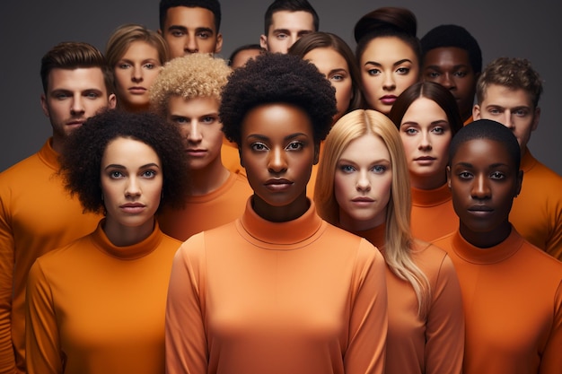 젊은 다문화 남녀 그룹이 오렌지색 슈트를 입고 스튜디오에서 포즈를 취하고 있습니다.