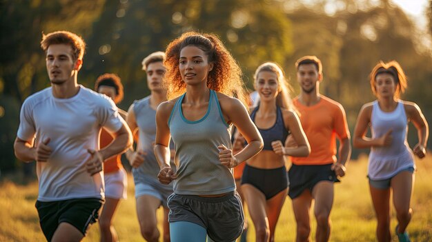 Photo group of young multiethnic people jogging in the park at sunset