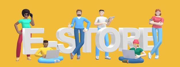 Group of young multiethnic successful people with laptop, tablet, phone and word e store, shop on yellow wall. cartoon character and text website slogan. 3D rendering.